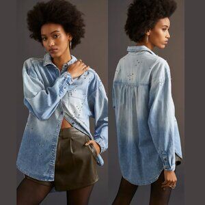 ANTHROPOLOGIE PILCRO The Bo Embellished Denim Button Down Shirt Womens XXS Bling